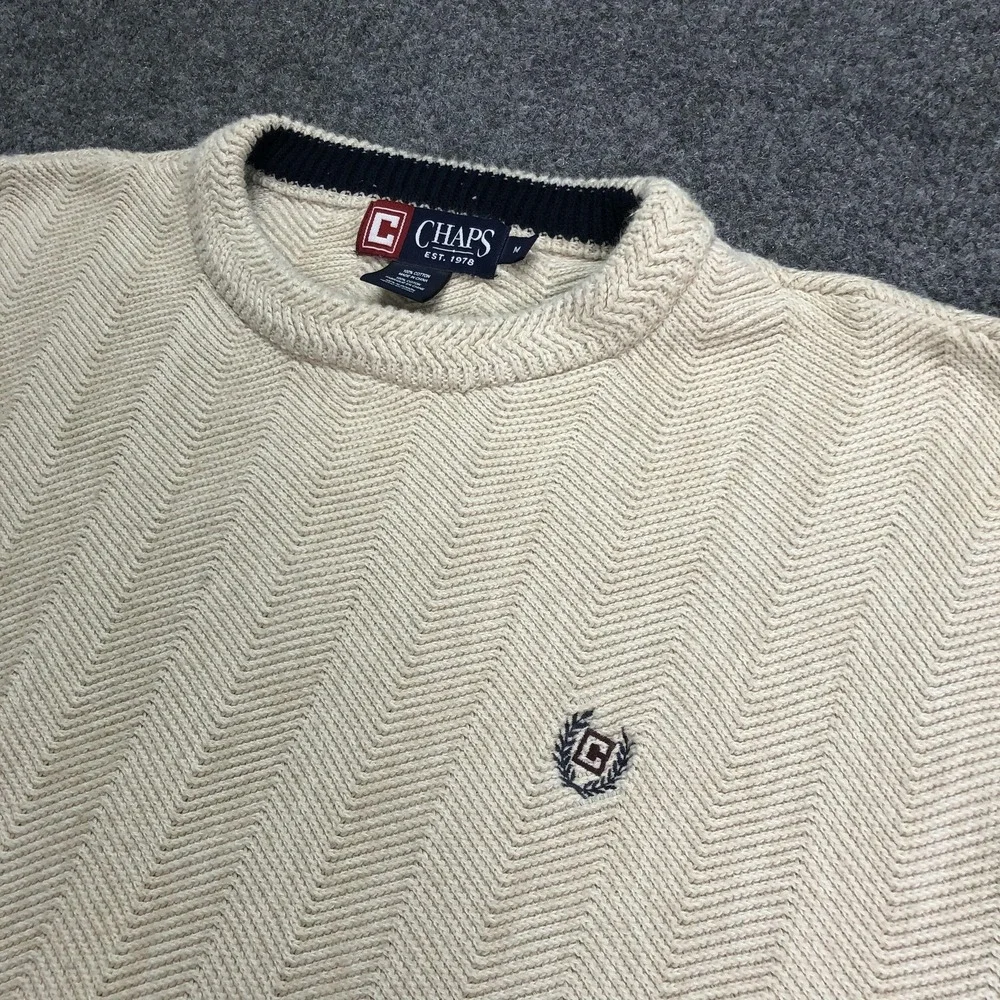 Chaps Sweater Mens Medium White Cotton Herringbone Knit Crewneck Pullover Logo